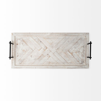 35" White and Natural Wood Indoor Outdoor Tray With Handles HomeRoots