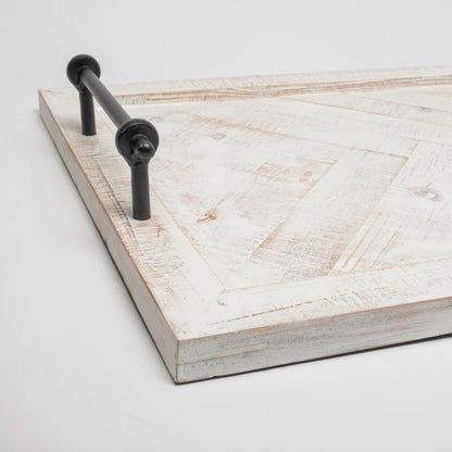 35" White and Natural Wood Indoor Outdoor Tray With Handles HomeRoots