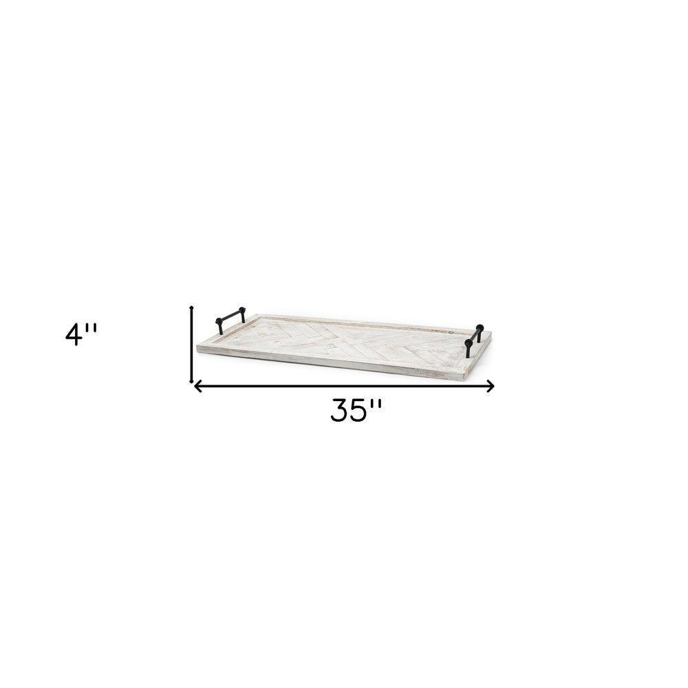35" White and Natural Wood Indoor Outdoor Tray With Handles HomeRoots