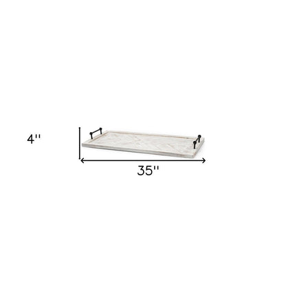 35" White and Natural Wood Indoor Outdoor Tray With Handles HomeRoots