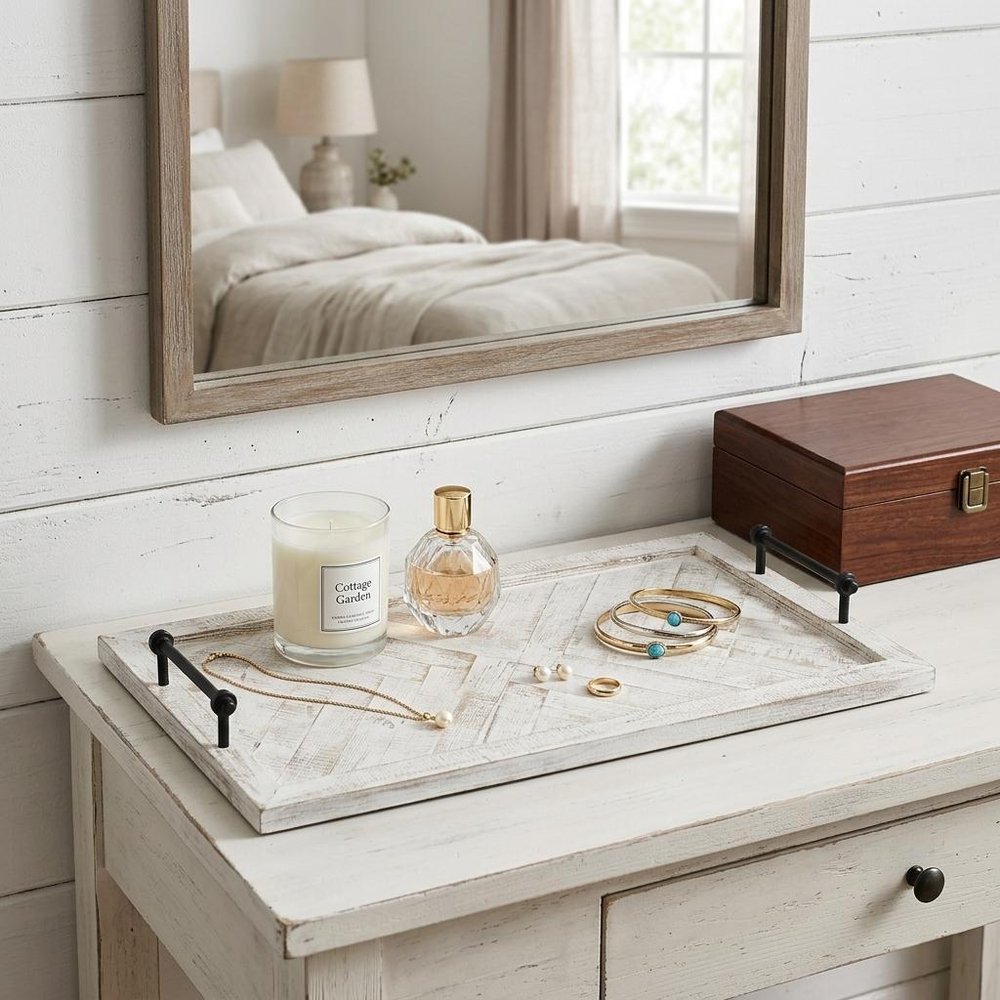 35" White and Natural Wood Indoor Outdoor Tray With Handles — view 1