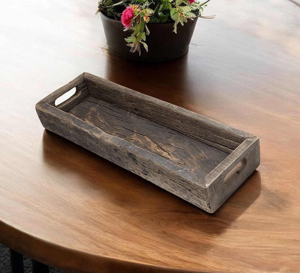 24" Brown Wood Indoor Outdoor Tray With Handles HomeRoots