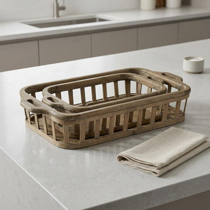 Set of Two Brown Wood Indoor Outdoor Tray With Handles HomeRoots