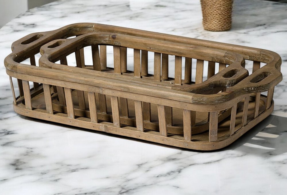 Set of Two Brown Wood Indoor Outdoor Tray With Handles HomeRoots