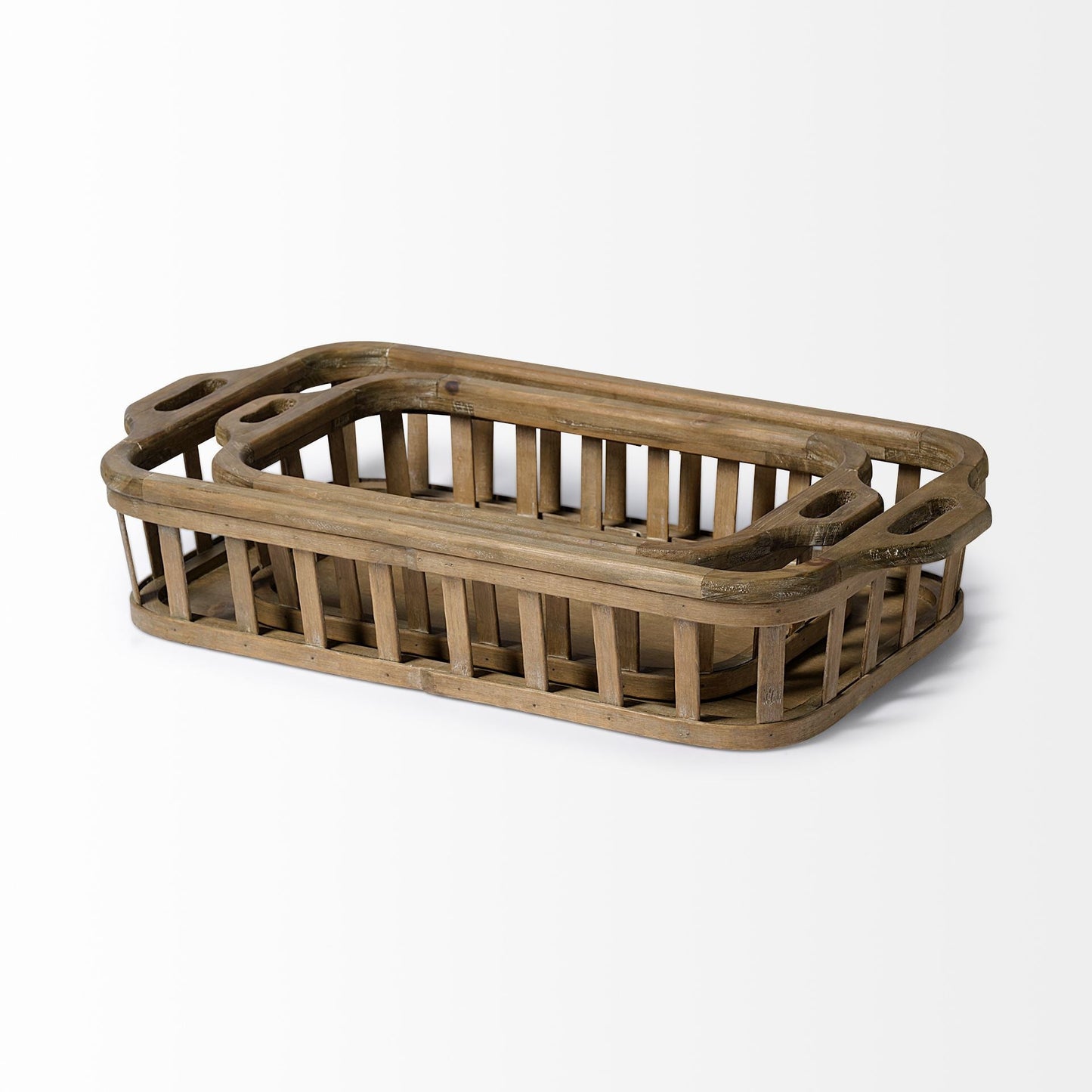 Set of Two Brown Wood Indoor Outdoor Tray With Handles HomeRoots