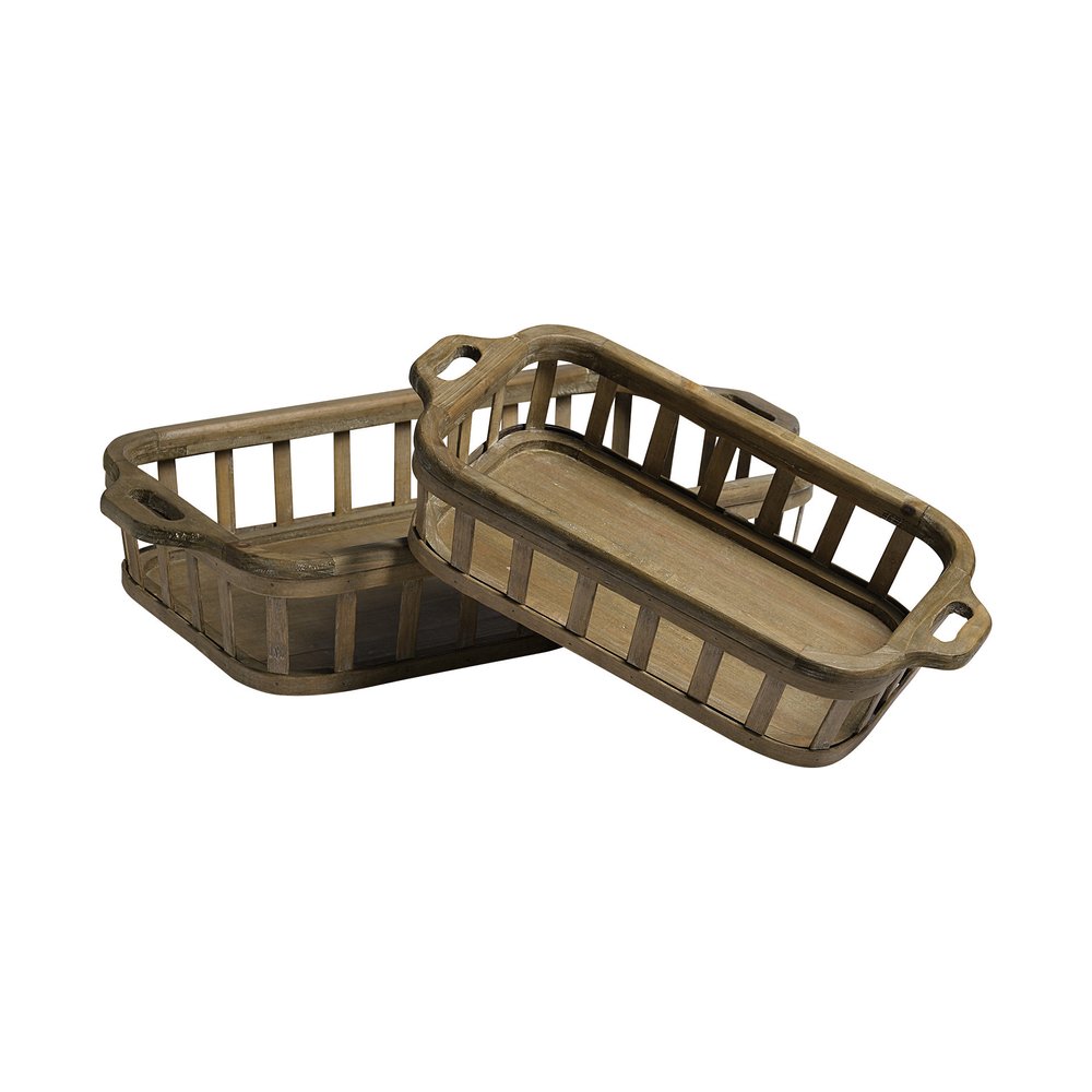 Set of Two Brown Wood Indoor Outdoor Tray With Handles HomeRoots