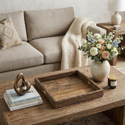 24" Brown Square Reclaimed Wood Tray With Handles HomeRoots