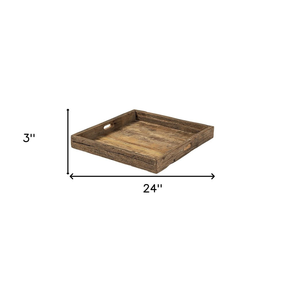24" Brown Square Reclaimed Wood Tray With Handles HomeRoots