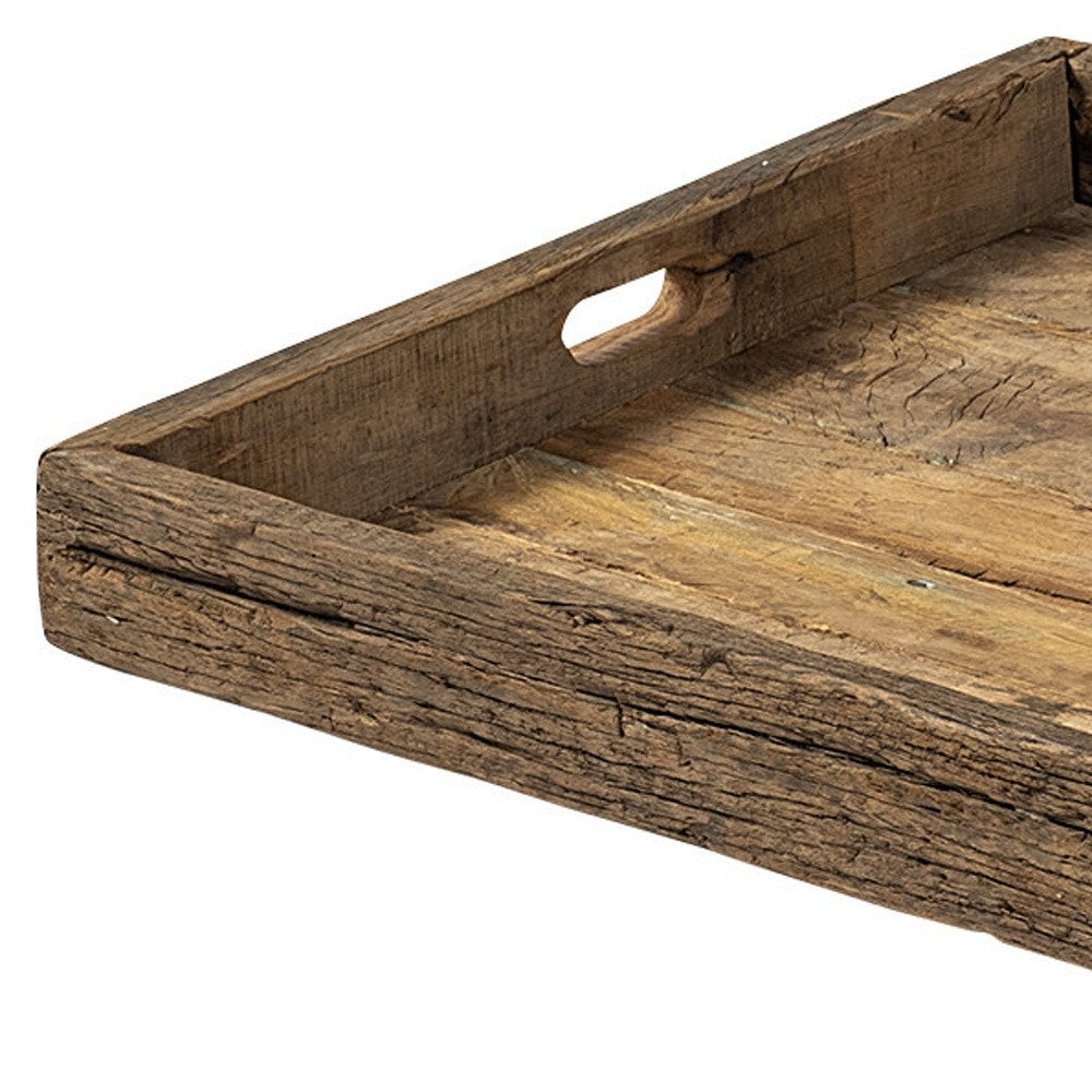 24" Brown Square Reclaimed Wood Tray With Handles HomeRoots
