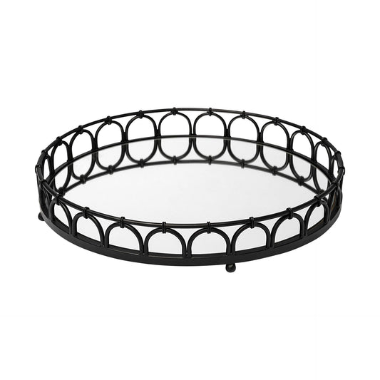 20" Matte Black Metal Half Circles And Mirrored Glass Round Tray - FurniFindUSA