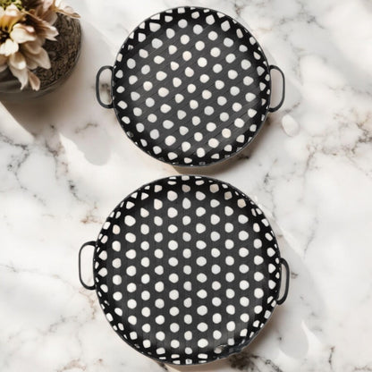 Set of Two Black Round Metal Indoor Outdoor Tray With Handles