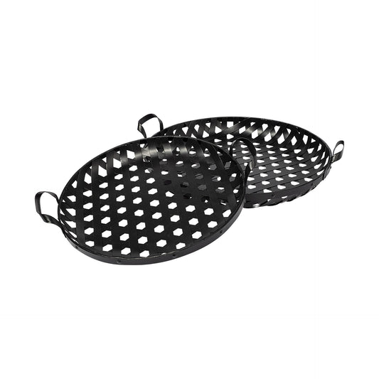 Set of Two Black Round Metal Indoor Outdoor Tray With Handles HomeRoots