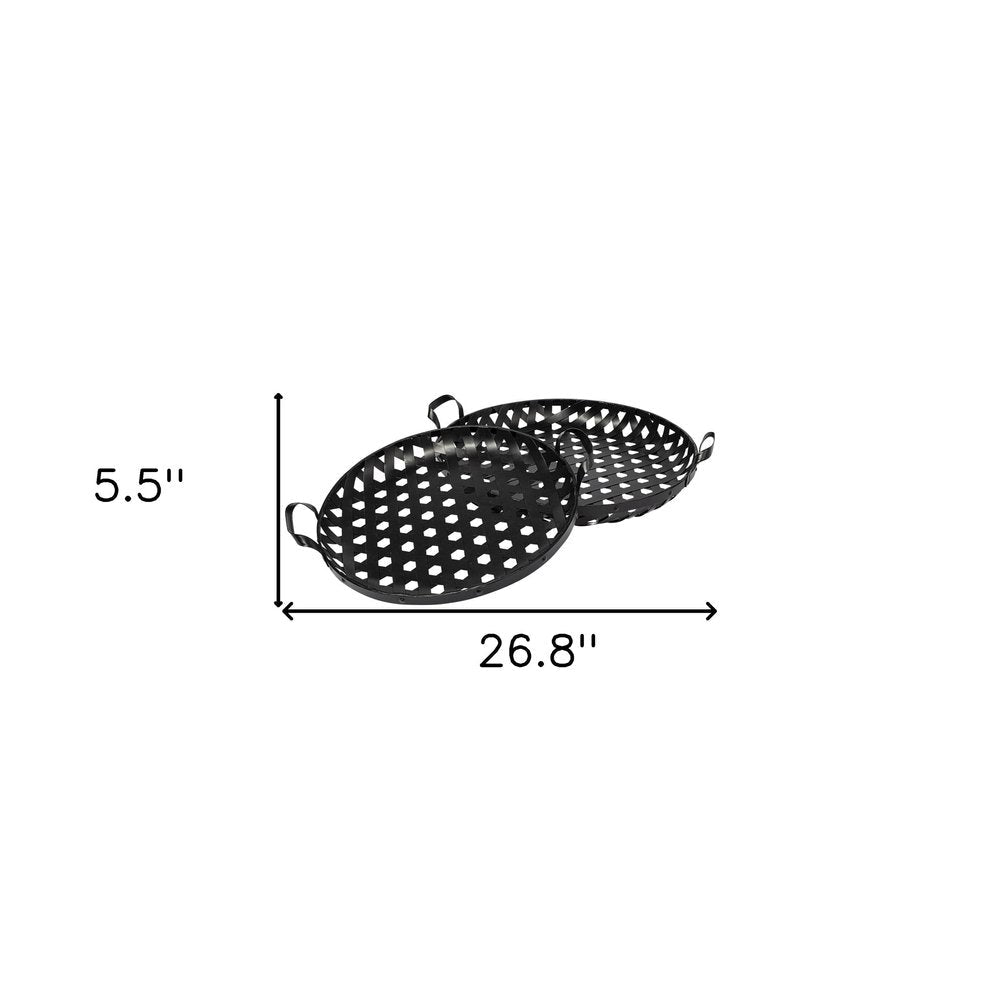 Set of Two Black Round Metal Indoor Outdoor Tray With Handles HomeRoots