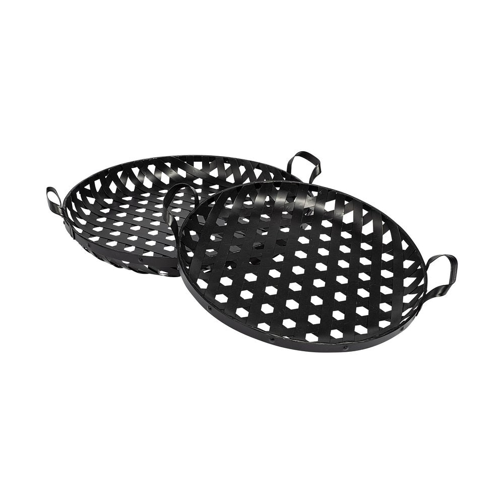 Set of Two Black Round Metal Indoor Outdoor Tray With Handles HomeRoots