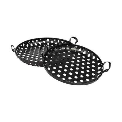 Set of Two Black Round Metal Indoor Outdoor Tray With Handles HomeRoots
