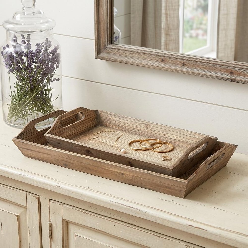 Set Of 2 Natural Brown Wood With Grains And Knots Highlight Trays HomeRoots