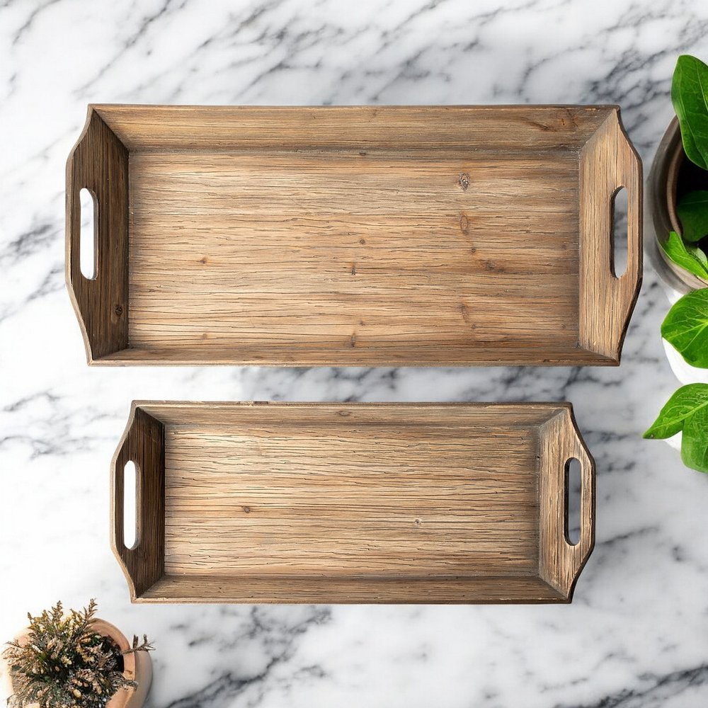 Set Of 2 Natural Brown Wood With Grains And Knots Highlight Trays HomeRoots