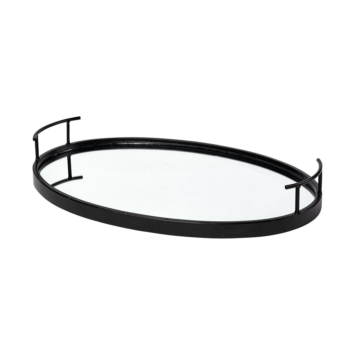 20" Black Metal And Mirrored Glass Oval Vanity Tray With Handles HomeRoots