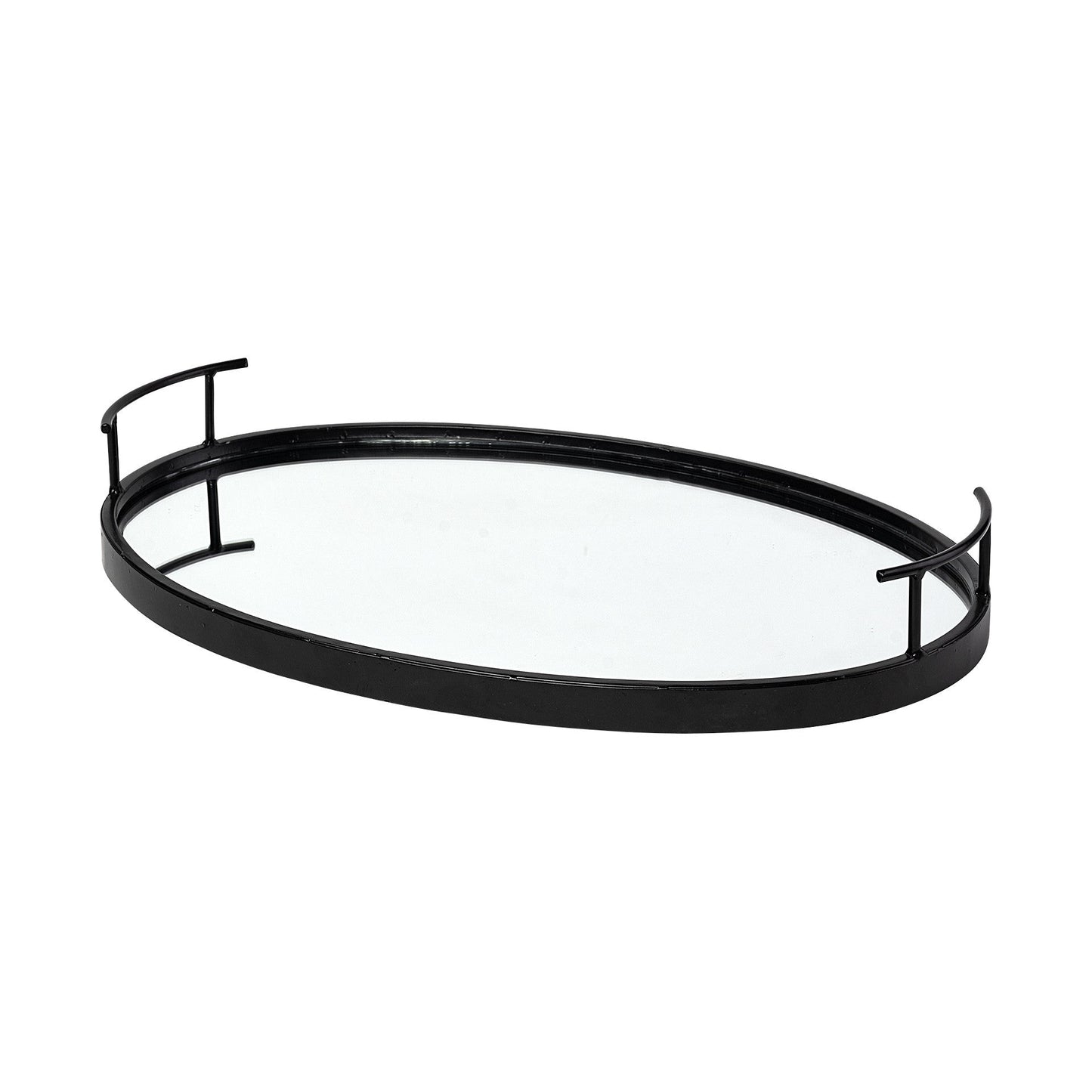 20" Black Metal And Mirrored Glass Oval Vanity Tray With Handles HomeRoots