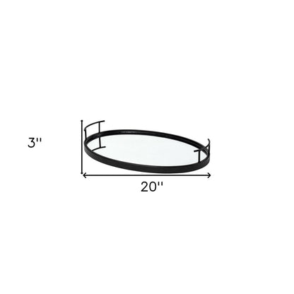 20" Black Metal And Mirrored Glass Oval Vanity Tray With Handles