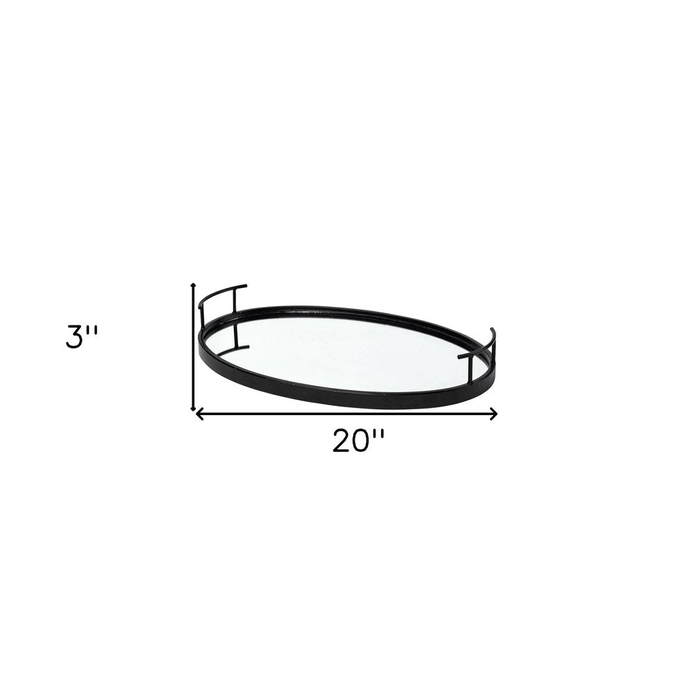 20" Black Metal And Mirrored Glass Oval Vanity Tray With Handles HomeRoots