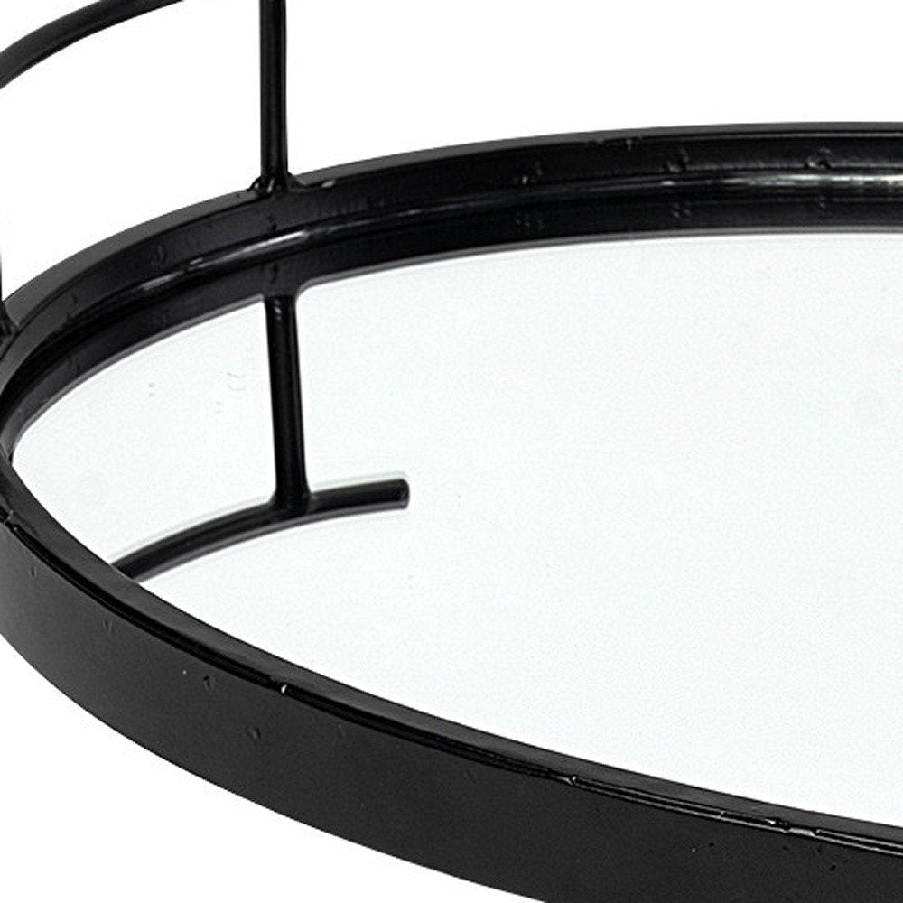 20" Black Metal And Mirrored Glass Oval Vanity Tray With Handles HomeRoots