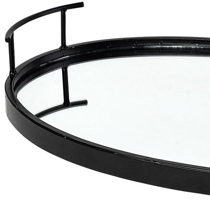 20" Black Metal And Mirrored Glass Oval Vanity Tray With Handles