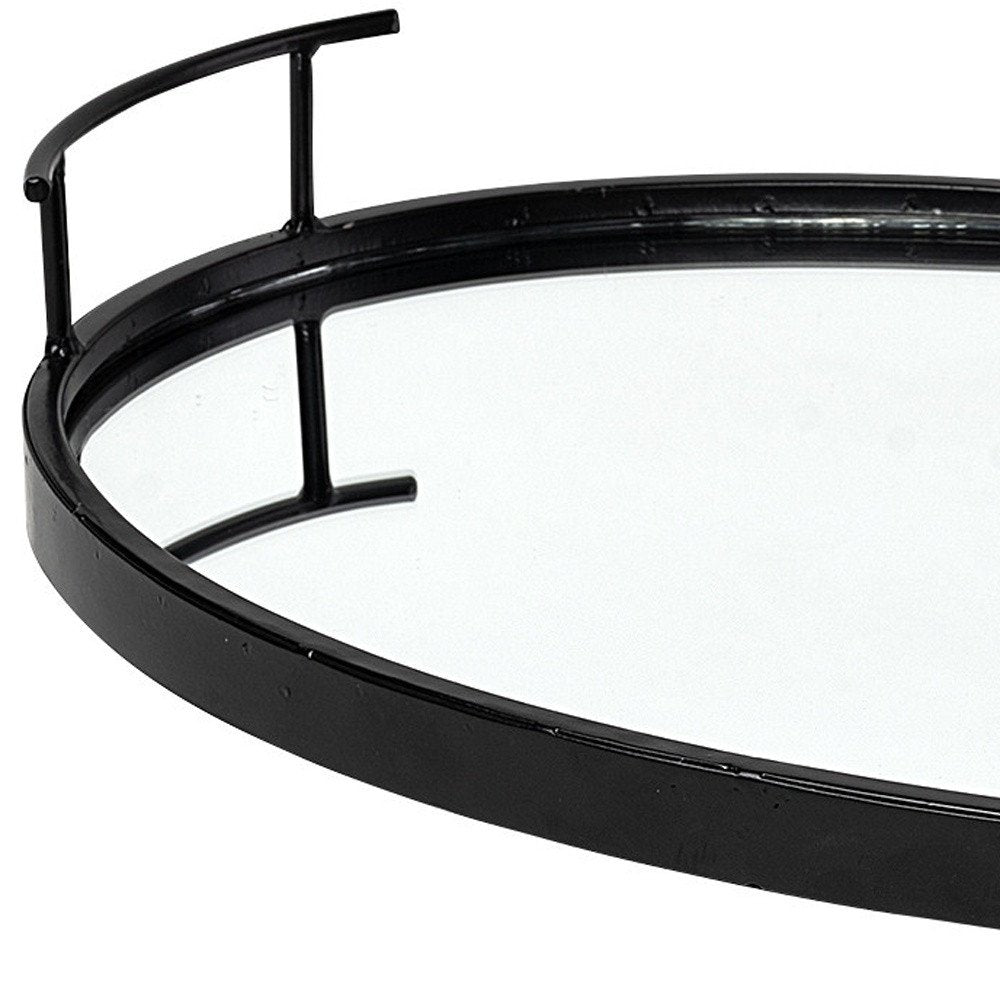 20" Black Metal And Mirrored Glass Oval Vanity Tray With Handles HomeRoots