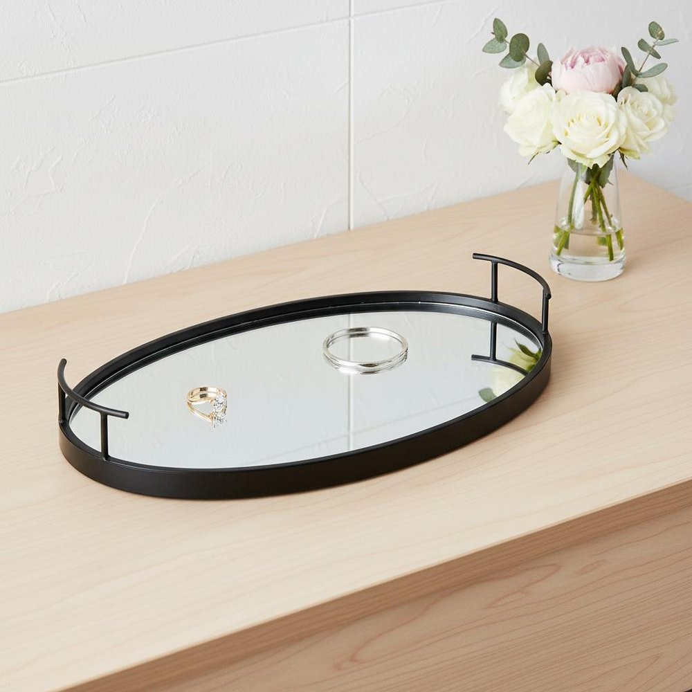 20" Black Metal And Mirrored Glass Oval Vanity Tray With Handles HomeRoots