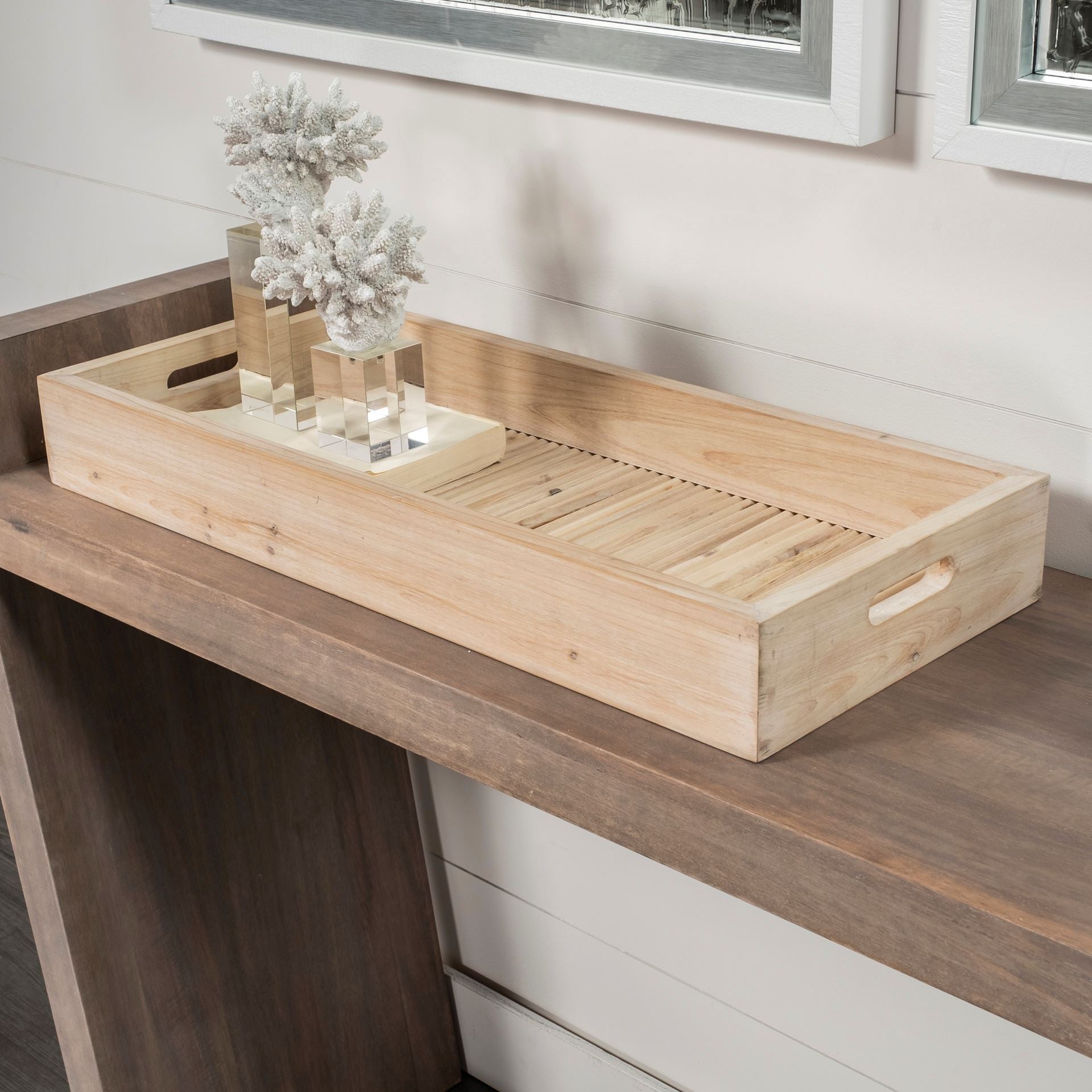 28" Natural Wood Indoor Outdoor Tray With Handles HomeRoots