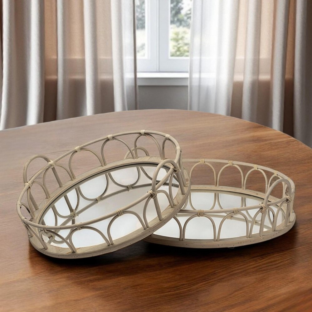 Set of Two Brown Round Wood Indoor Outdoor Vanity Tray With Handles HomeRoots