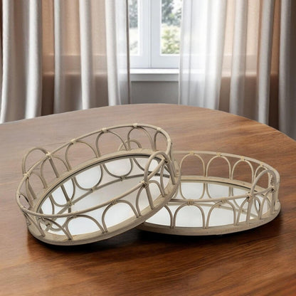 Set of Two Brown Round Wood Indoor Outdoor Vanity Tray With Handles HomeRoots