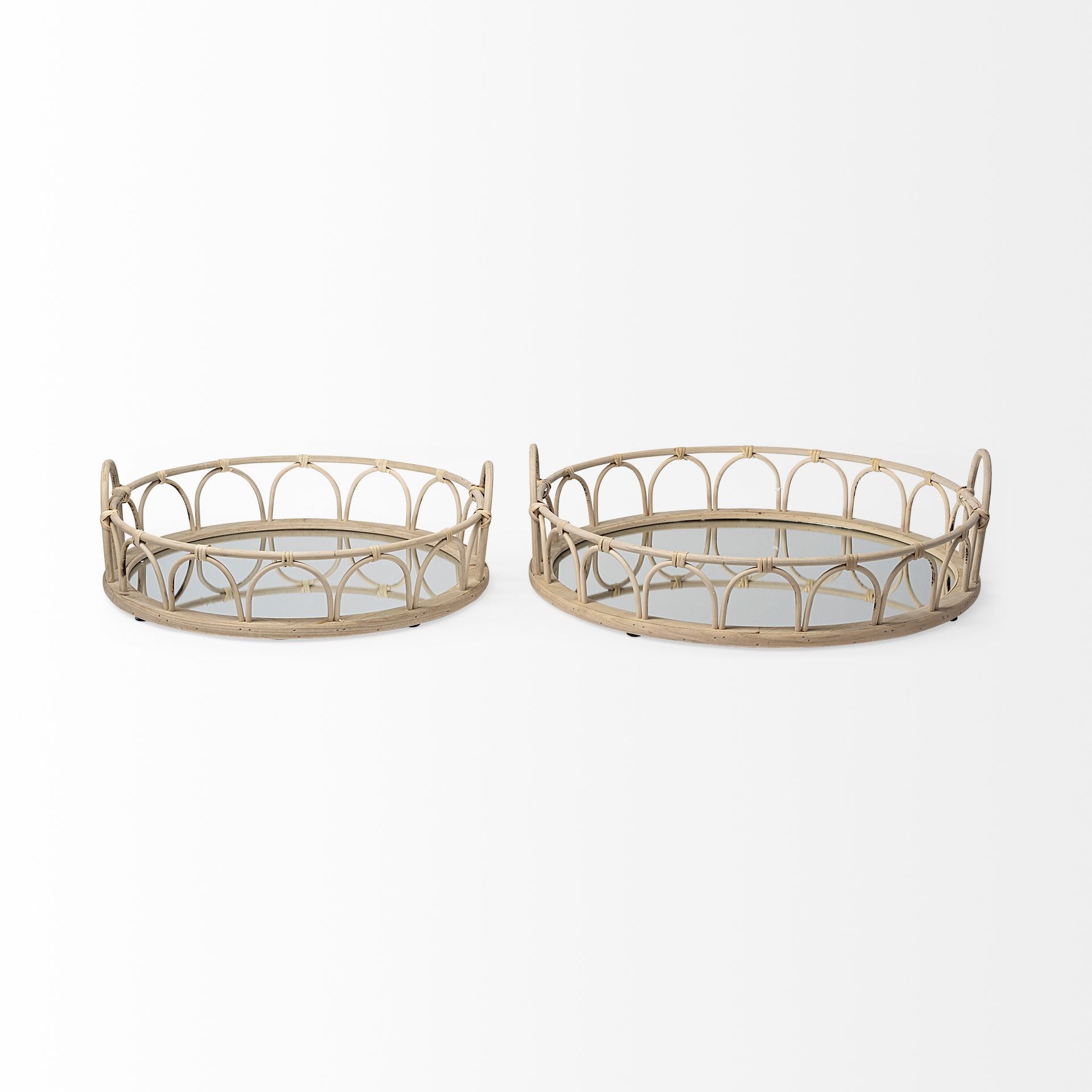 Set of Two Brown Round Wood Indoor Outdoor Vanity Tray With Handles HomeRoots