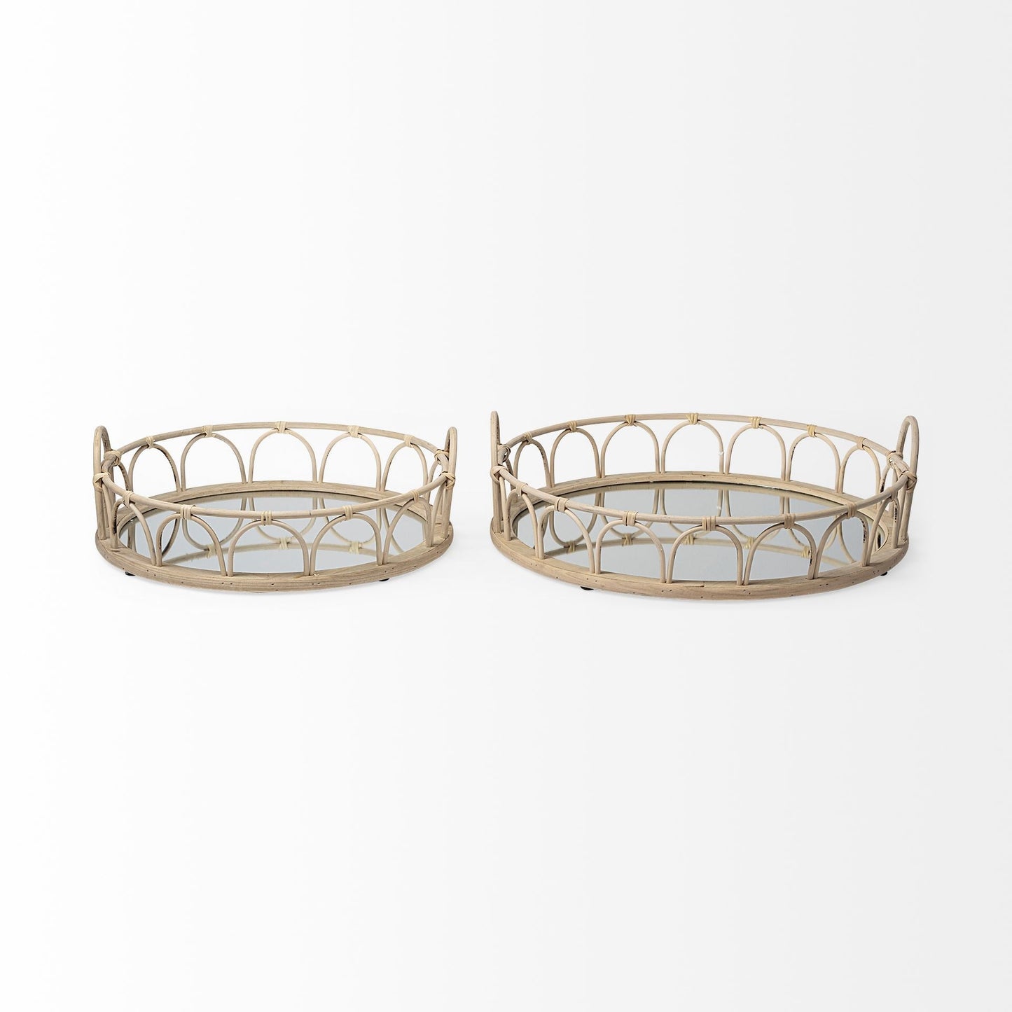 Set of Two Brown Round Wood Indoor Outdoor Vanity Tray With Handles HomeRoots