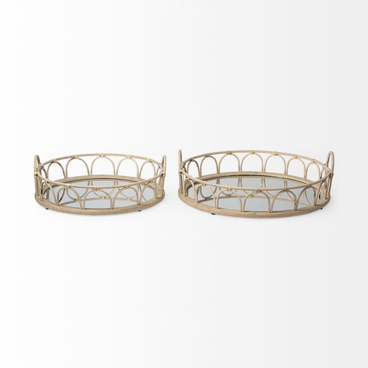 Set of Two Brown Round Wood Indoor Outdoor Vanity Tray With Handles HomeRoots