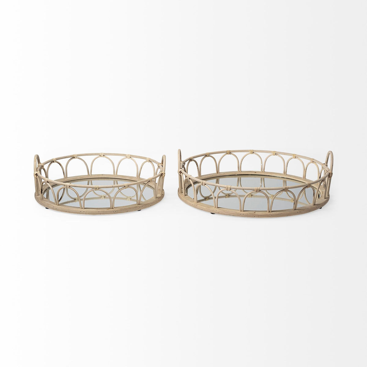 Set of Two Brown Round Wood Indoor Outdoor Vanity Tray With Handles — view 2
