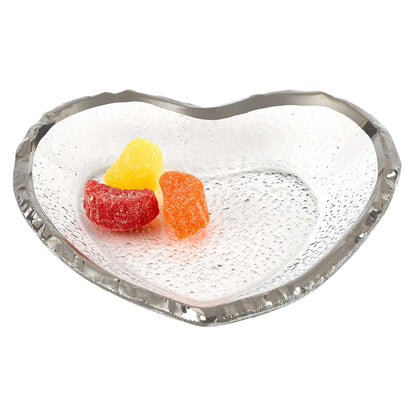 8" Mouth Blown Seeded Glass Heart Plate with Silver Rim