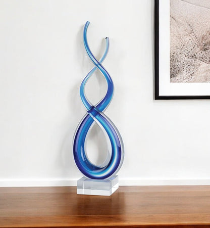 14" Clear and Blue Murano Glass Modern Abstract Tabletop Sculpture HomeRoots