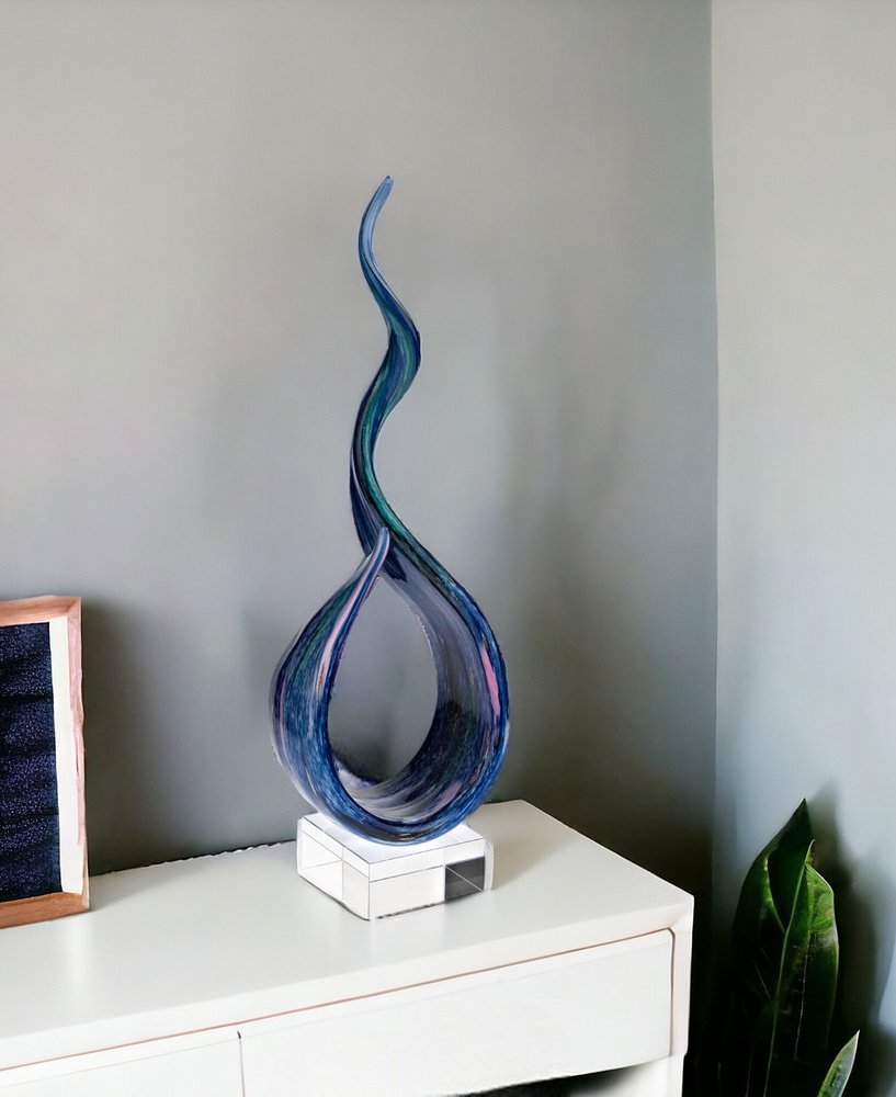 19" Blue and Green Murano Glass Modern Abstract Tabletop Sculpture HomeRoots