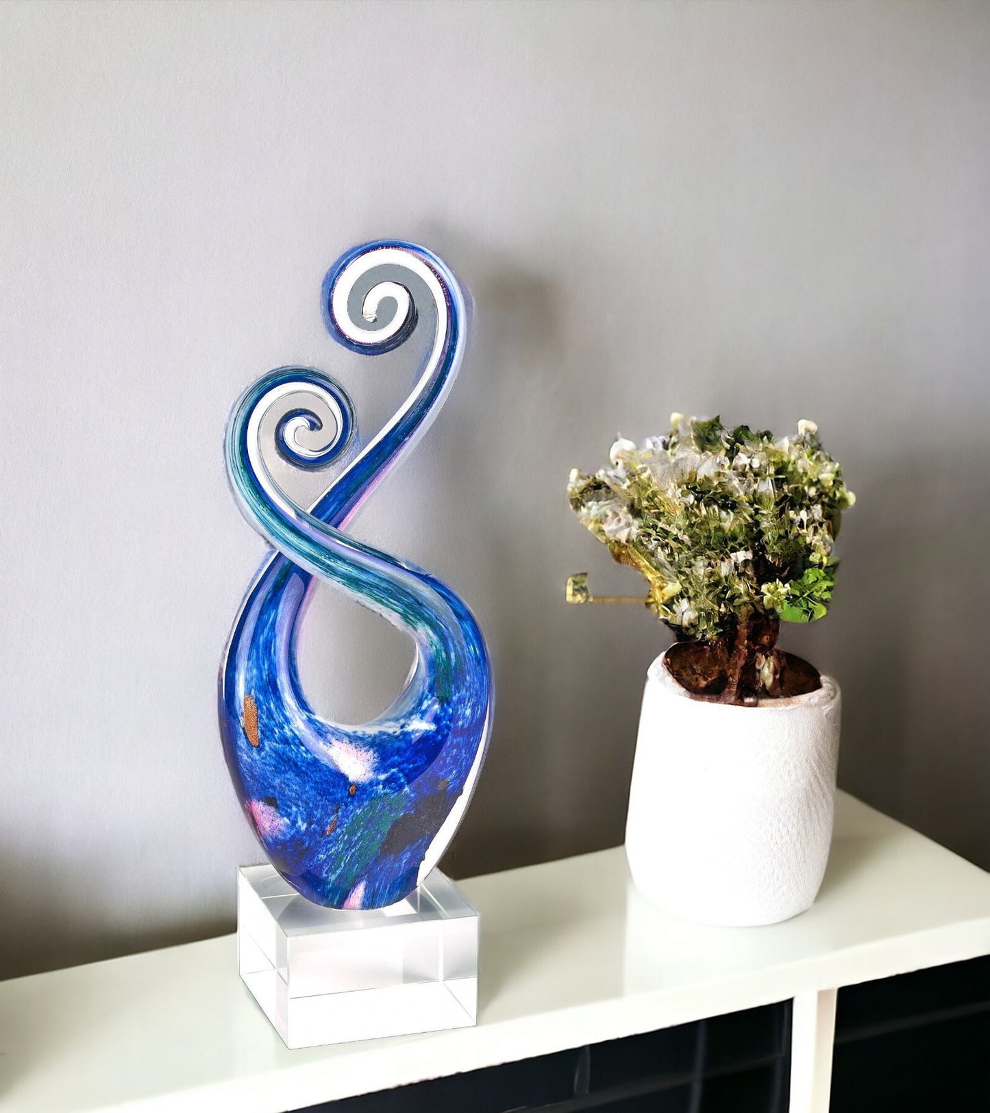 12" Blue and Green Murano Glass Modern Abstract Tabletop Sculpture