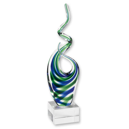 14" Clear Blue and Green Murano Glass Modern Abstract Tabletop Sculpture