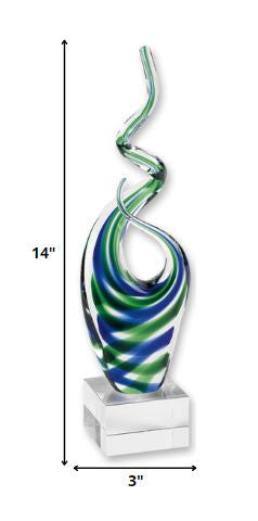 14" Clear Blue and Green Murano Glass Modern Abstract Tabletop Sculpture HomeRoots