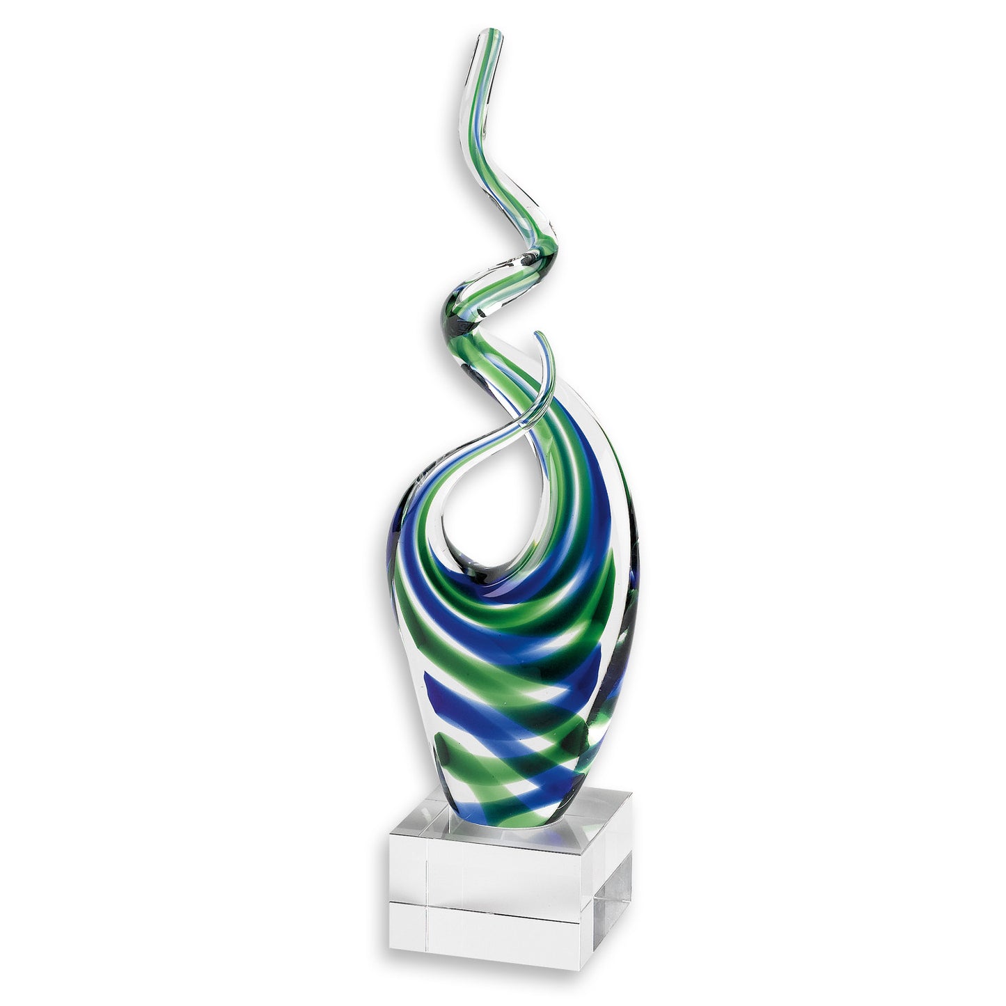 14" Clear Blue and Green Murano Glass Modern Abstract Tabletop Sculpture