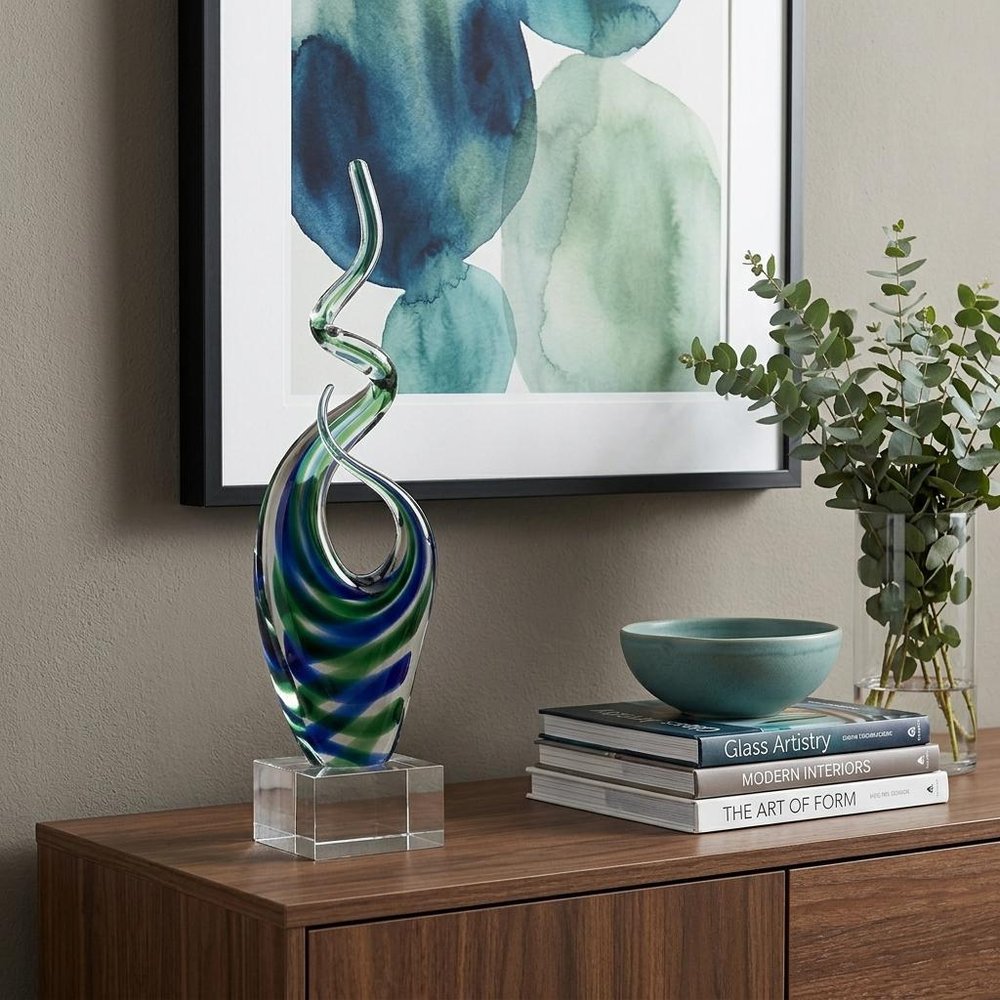 14" Clear Blue and Green Murano Glass Modern Abstract Tabletop Sculpture — view 8