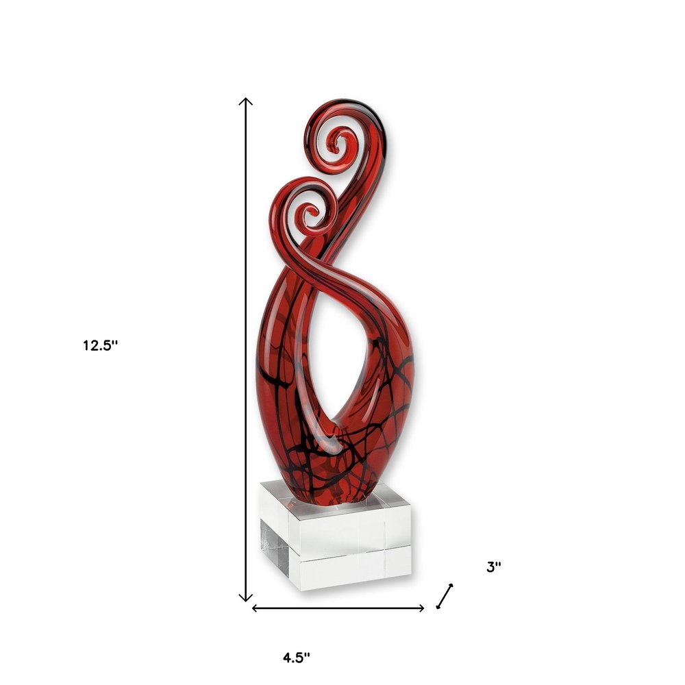 13" Clear Burgundy and Black Murano Glass Modern Abstract Tabletop Sculpture HomeRoots