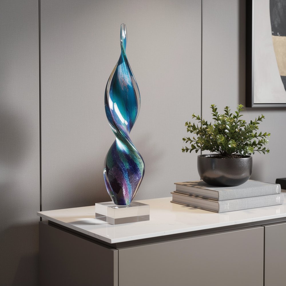 18" Blue and Green Murano Glass Modern Abstract Tabletop Sculpture HomeRoots