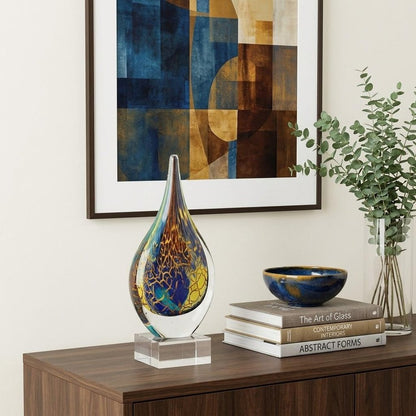 12" Blue and Yellow Murano Glass Modern Abstract Tabletop Sculpture HomeRoots