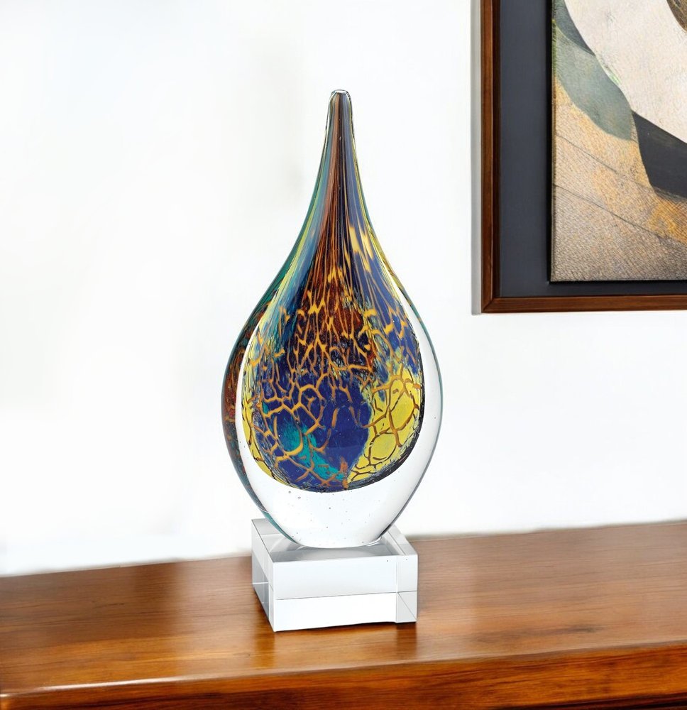 13" Blue and Yellow Murano Glass Modern Abstract Tabletop Sculpture HomeRoots