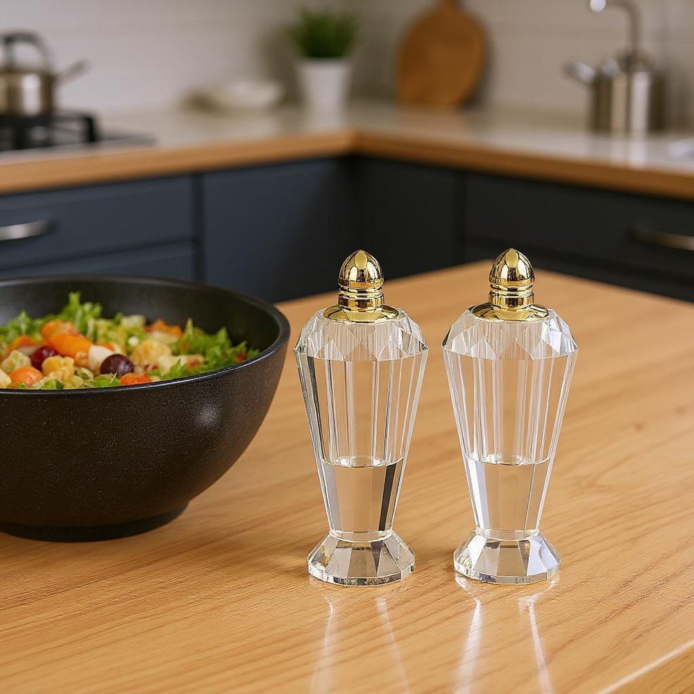 Set of Two Clear And Gold Crystal Geometric Pepper Shakers HomeRoots