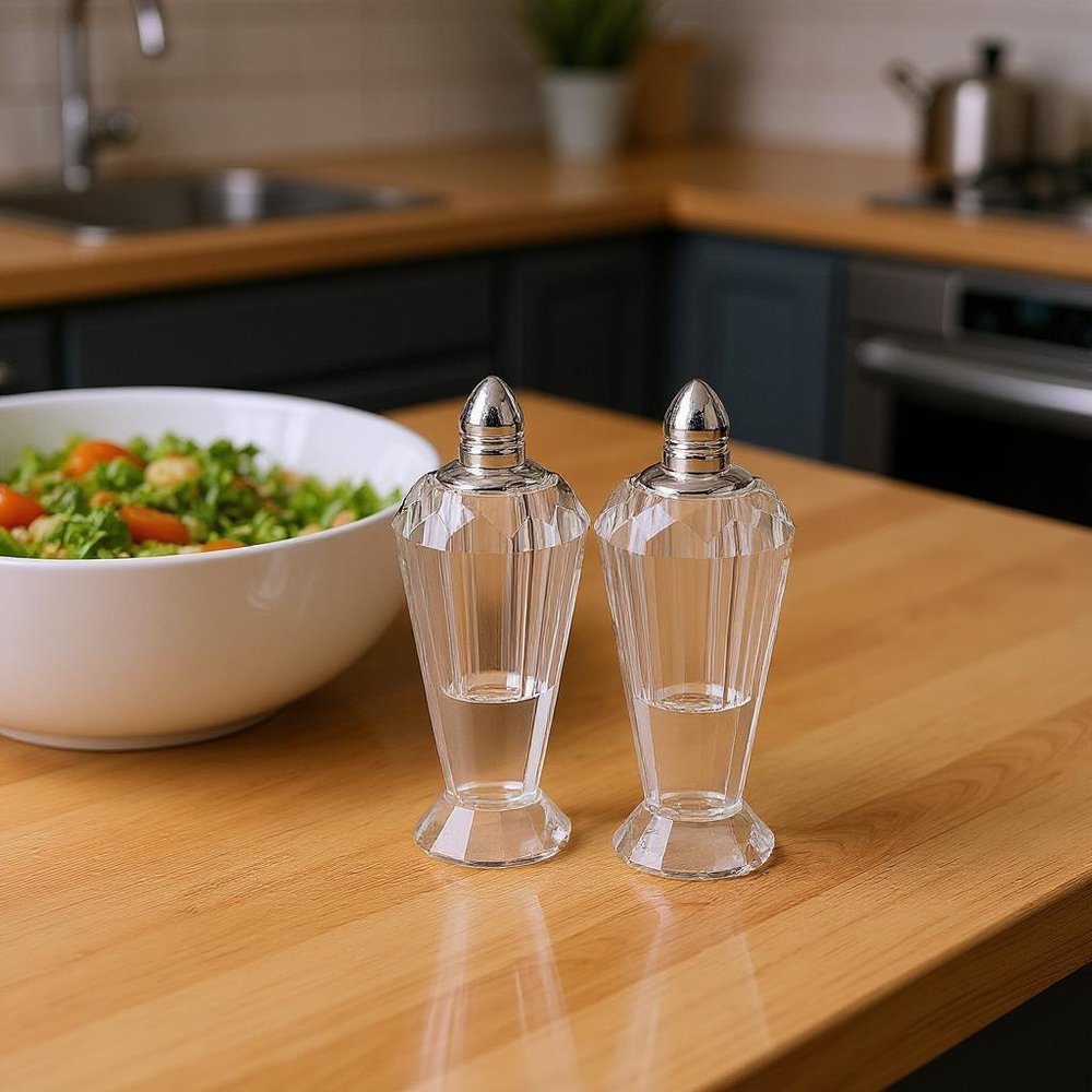 Set of Two Clear And Silver Crystal Geometric Pepper Shakers HomeRoots